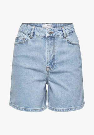Lyseblå denimshorts med høj talje, med knaplukning, bæltestropper og oprullede kanter. Minimalistisk syning og lomme detaljer.