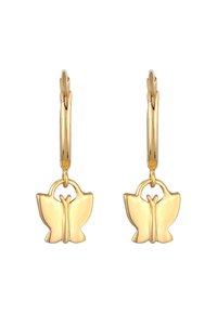 Boucles d'oreilles créoles en or ornées d'un pendentif papillon avec des surfaces lisses et polies et un design simple et symétrique.