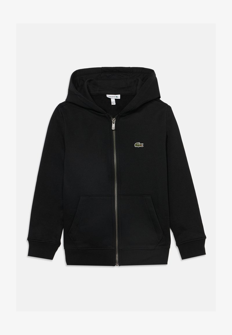 Sweat-shirt zippé à capuche noir avec poches avant et petit logo crocodile vert sur la poitrine gauche.