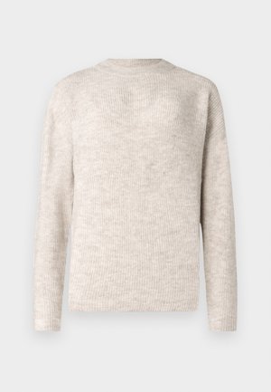 Svetlo bež pulover dolgih rokavov z rebrasto teksturo in okroglim ovratnikom. Narejen iz mehkega materiala, ima sproščen kroj.