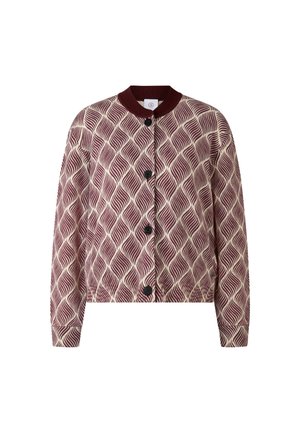 Burgundy and cream patterned cardigan with a round collar, button closure, and ribbed hem. Features a diamond-like design throughout.