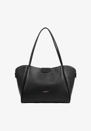 Black textured leather tote bag with long handles, a top flap closure, and gold "Lancaster Paris" logo centered on the front.