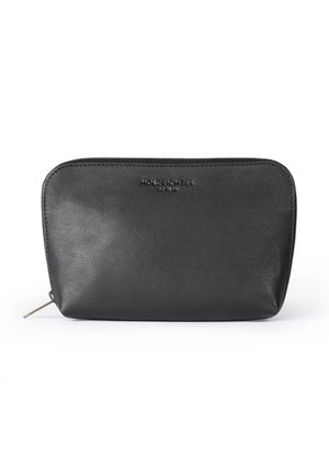 Schwarze rechteckige Ledertasche mit Reißverschluss und abgerundeten Ecken, kleiner geprägter Marken-Schriftzug, zentriert nahe der Oberseite.