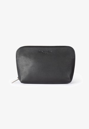 Black rectangular leather zippered pouch with rounded corners, small embossed brand text centered near top.