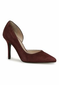 Escarpin en daim couleur vin avec bout pointu et côté intérieur ouvert, doté d'un talon aiguille fin.