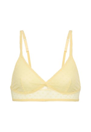 Bralette jaune en tissu transparent avec une texture à pois, featuring des bretelles ajustables et une bordure festonnée sur les bords.