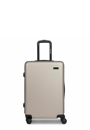 Zilveren koffer met harde schaal, zwarte telescopische handgreep en vier zwenkwieltjes, rechtopstaand op een witte achtergrond.