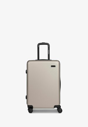 Valise rigide argentée avec poignée télescopique noire et quatre roues pivotantes, positionnée verticalement sur un fond blanc.