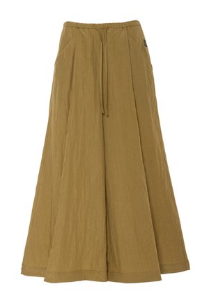 Pantalon large à taille haute, marron clair, avec une ceinture élastique et un cordon de serrage, sur un fond blanc uni.