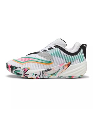 White athletic sneaker with multicolor marbled sole, teal and pink stripes, black heel tab, and white laces.