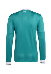 Jersey à manches longues teal en tissu léger. Caractéristiques d'un col blanc et de poignets rayés. Design texturé à l'arrière.