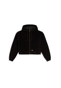 Black cropped zip-up hoodie with drawstrings, elastic cuffs and hem, front pockets, quilted inner lining, and small logo patch above hem.