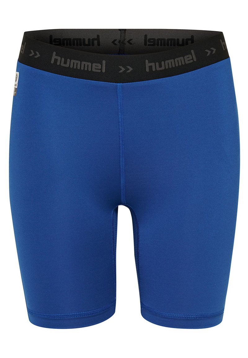 Niebieskie spodenki sportowe z czarnym elastycznym pasem featuring logo "hummel". Wykonane z elastycznego materiału, zaprojektowane z myślą o komforcie i swobodzie ruchu.