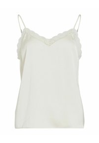 Haut caraco blanc avec fines bretelles réglables, bordure de dentelle le long de l'encolure et de l'ourlet, texture de tissu lisse et coupe décontractée.