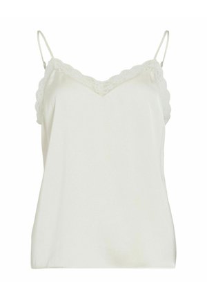 Witte cami-top met dunne verstelbare bandjes, kanten rand langs de halslijn en zoom, gladde stofstructuur en een losse pasvorm.