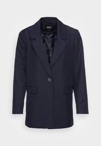 Námořnický modrý blazer vyrobený z hladkého materiálu s klopovým límcem, dvěma předními kapsami a jedním knoflíkovým zapínáním. Podšitý interiér.
