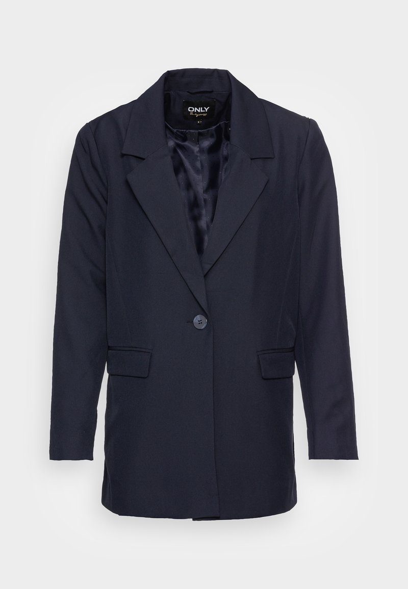 Námořnický modrý blazer vyrobený z hladkého materiálu s klopovým límcem, dvěma předními kapsami a jedním knoflíkovým zapínáním. Podšitý interiér.