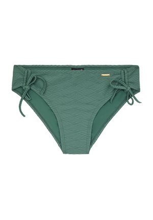 Bas de bikini vert avec un motif en losanges texturé, liens latéraux ajustables et un petit accent en métal. Fabriqué en matériau extensible pour maillots de bain.