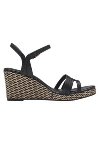 Sandali con zeppa nera in pelle, dotati di tre cinturini, piattaforma intrecciata testurizzata e un'altezza di circa 7,5 cm. Design classico e versatile.