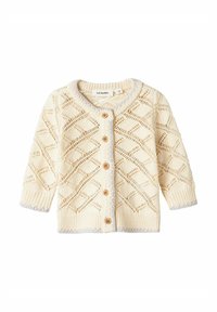Cardigan lavorato a maglia di un bianco cremoso, caratterizzato da un motivo a rombi, scollo rotondo e bottoni in legno; texture a maglia trasparente con accenti grigi.
