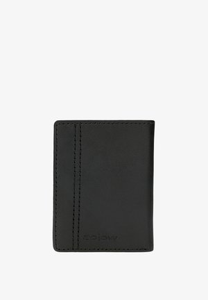 Portafoglio in pelle nera con design rettangolare elegante, caratterizzato da una superficie strutturata e cuciture a contrasto. Include fessure per carte visibili.