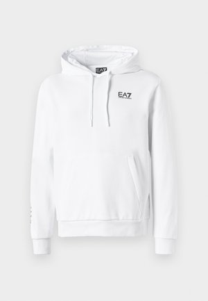 Haut à capuche blanc en mélange de coton, avec une poche kangourou, un cordon de serrage ajustable et un logo EA7 noir sur la poitrine. Poignets côtelés.