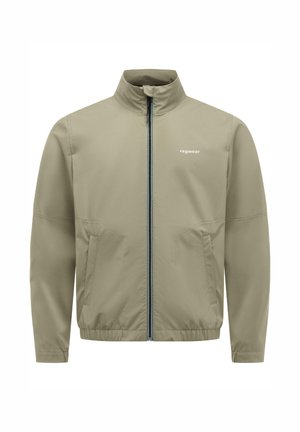 Giacca beige chiaro con zip, colletto alto, orlo elastico, tasche laterali e logo "ragwear" sul petto a sinistra.
