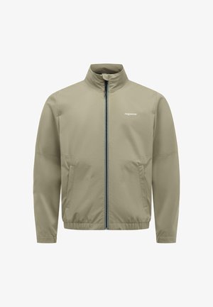 Jasno beżowa kurtka na zamek z wysokim kołnierzem, elastycznym dołem, bocznymi kieszeniami i logo „ragwear” na lewej piersi.