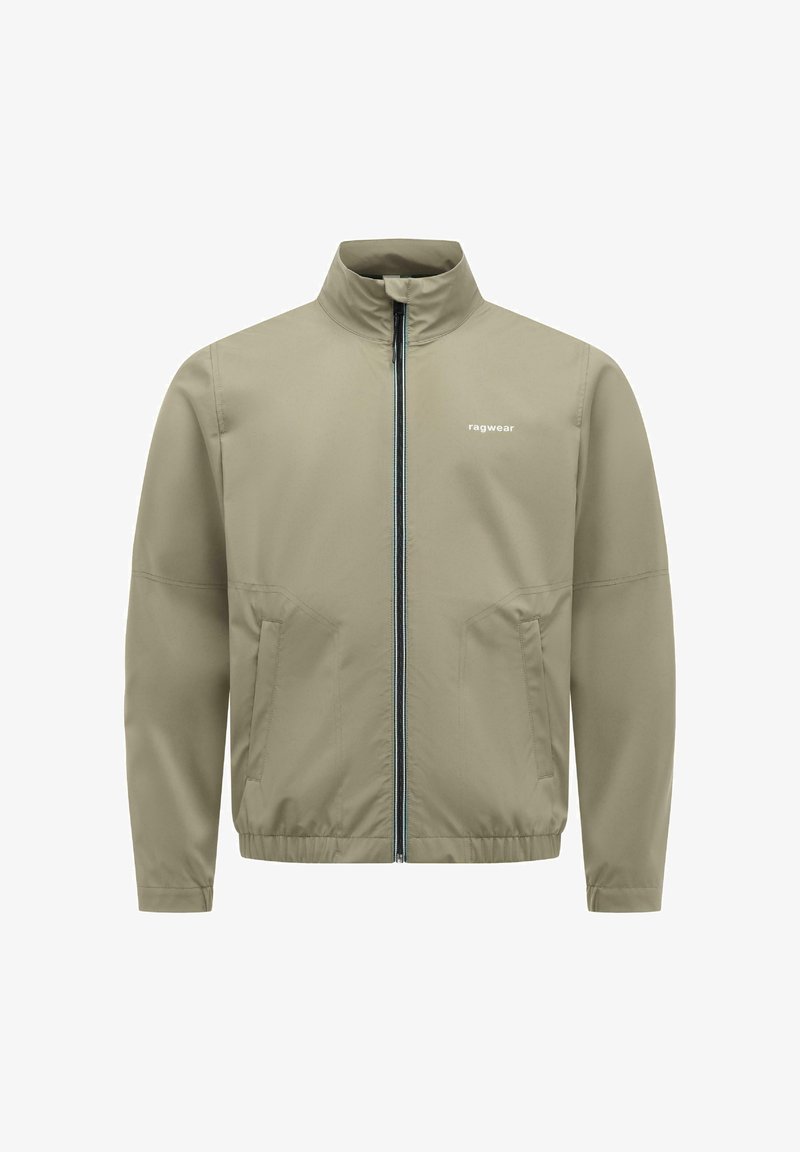 Lichtbeige jas met ritssluiting, hoge kraag, elastische zoom, zijzakken en "ragwear"-logo op de linkerborst.