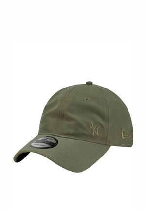 Olive green adjustable New York Yankees baseball cap with curved brim and stitched logos on front and side.