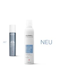 Zwei Haarschaumprodukte: eine graue Dose mit der Aufschrift "Glamour Whip" und eine weiße Dose mit der Aufschrift "Bodifying Brilliance Mousse" in blauen Akzenten.