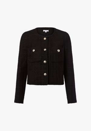 Veste noire texturée raccourcie avec des manches longues, un col rond, une fermeture à boutons à l'avant, deux poches poitrine et des boutons décoratifs en argent.