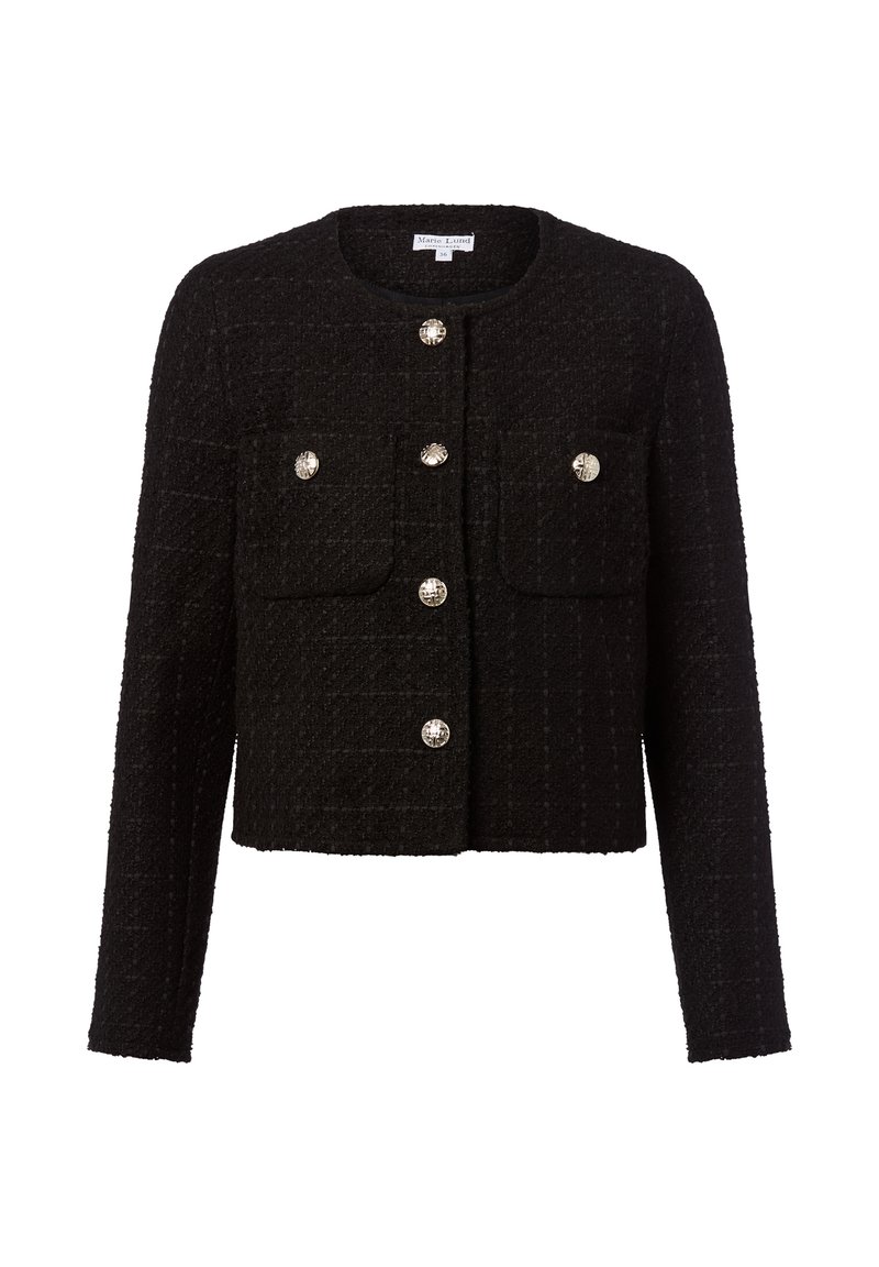 Czarna teksturowana krótka kurtka z długimi rękawami, okrągłym dekoltem, zapinana na guziki z przodu, z dwoma kieszeniami na piersi oraz ozdobnymi srebrnymi guzikami.