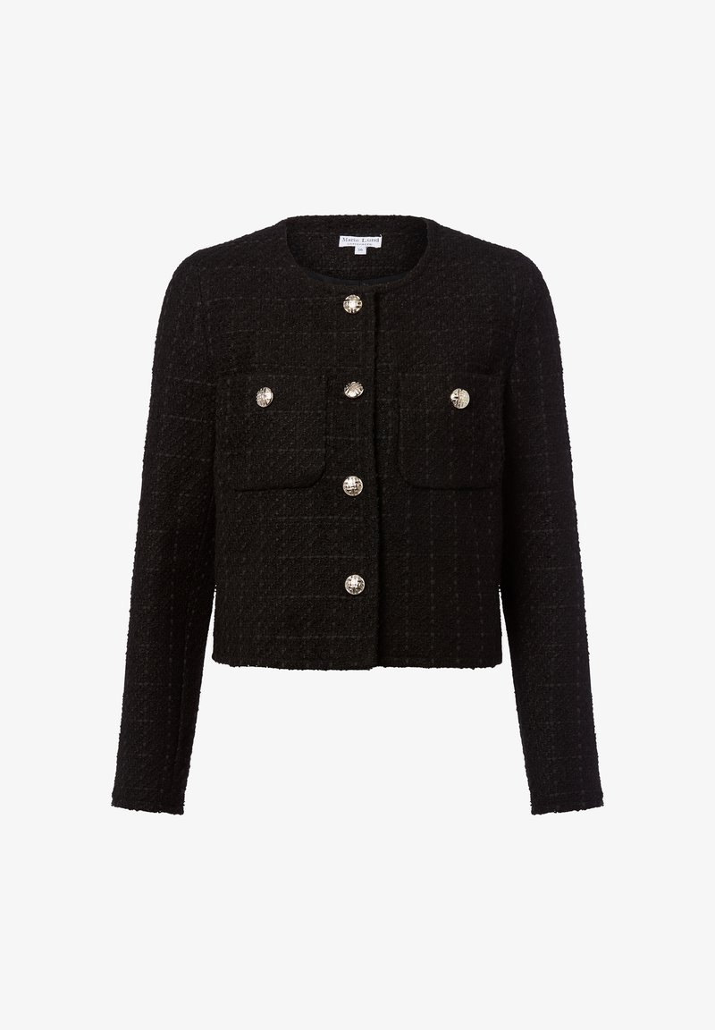 Czarna teksturowana krótka kurtka z długimi rękawami, okrągłym dekoltem, zapinana na guziki z przodu, z dwoma kieszeniami na piersi oraz ozdobnymi srebrnymi guzikami.