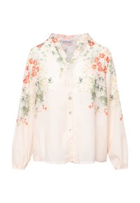 Bloes met bloemenmotief op een lichtcrème basis, met oranje en groene bloemen. Lange mouwen, knoopsluiting en een V-hals ontwerp. Zacht van textuur.