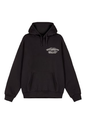 Sudadera negra de mezcla de algodón, con un bolsillo frontal, capucha ajustable con cordones y texto gráfico blanco en el pecho.