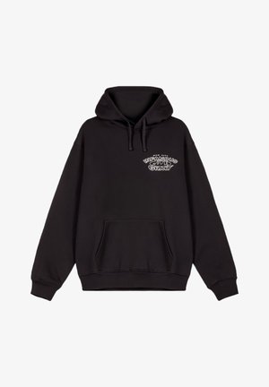 Sudadera negra de mezcla de algodón, con un bolsillo frontal, capucha ajustable con cordones y texto gráfico blanco en el pecho.