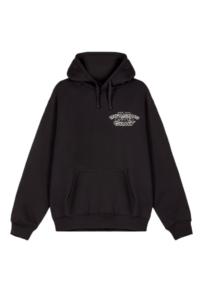 Sudadera negra de mezcla de algodón, con un bolsillo frontal, capucha ajustable con cordones y texto gráfico blanco en el pecho.