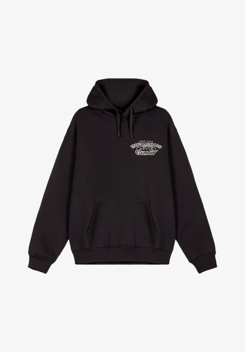 Sudadera negra de mezcla de algodón, con un bolsillo frontal, capucha ajustable con cordones y texto gráfico blanco en el pecho.