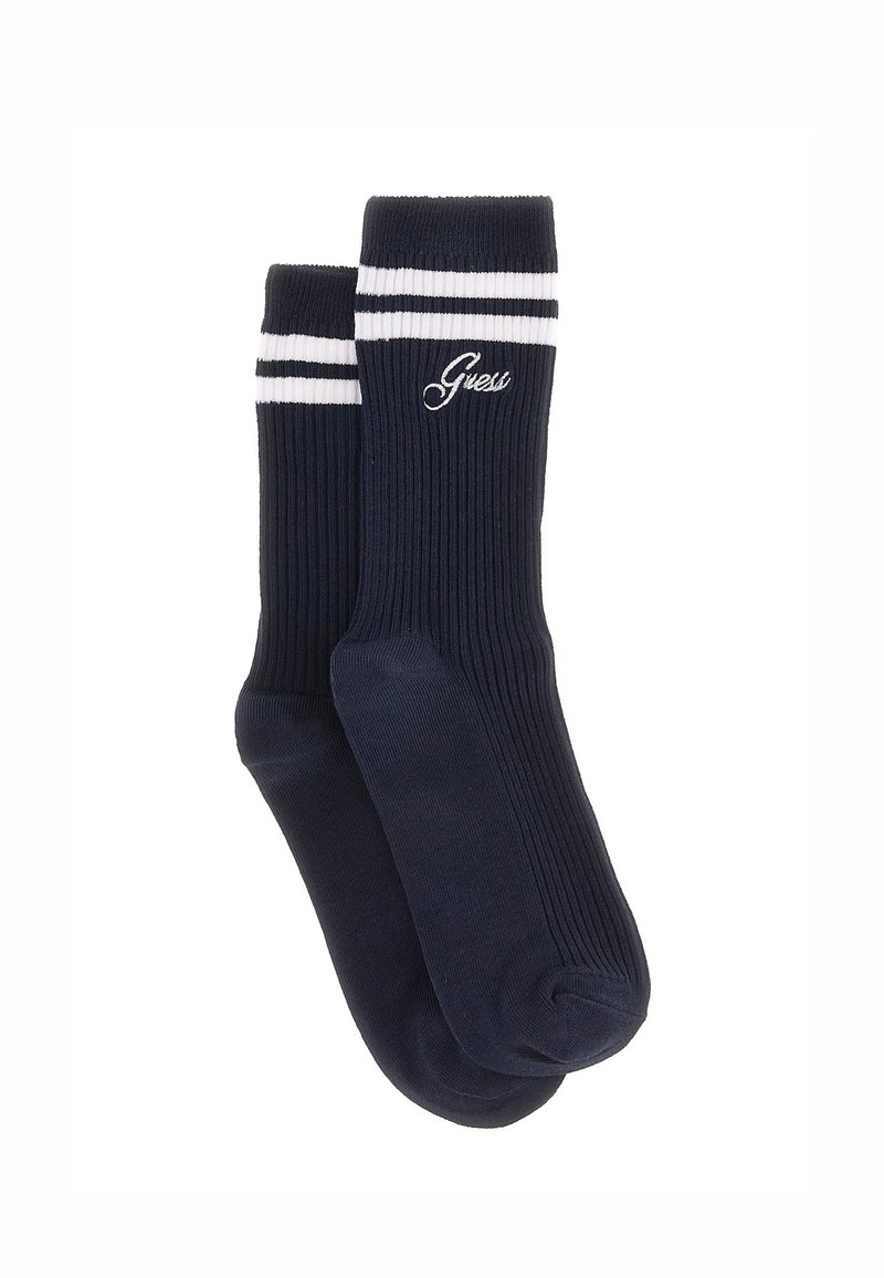 Calze a coste blu navy con strisce bianche in alto e logo ricamato. Presentano una lunghezza classica per il polpaccio e una texture liscia.