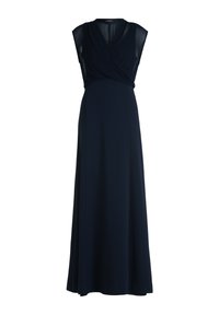 Robe maxi sans manches bleu marine avec un design croisé, dotée d'une jupe fluide et d'un tissu léger, idéale pour les occasions formelles.
