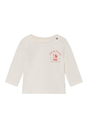 Beige T-shirt met lange mouwen van zacht katoen, met een rood nautisch printje en een zij-snapknop voor gemakkelijk aantrekken.