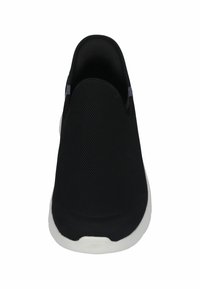 Schwarzer Mesh-Slipper mit runder Zehenpartie und weißer Sohle. Verfügt über elastische Akzente an der Ferse für einfaches An- und Ausziehen. Leichtes Design.