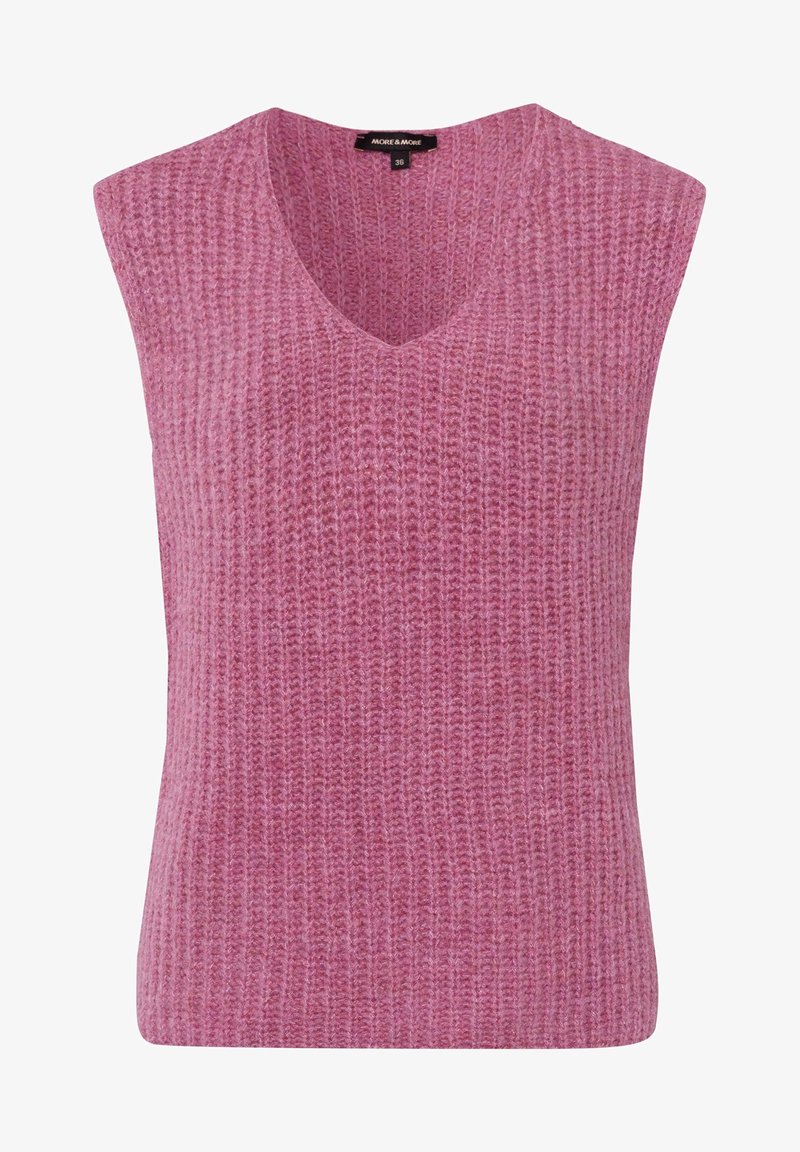 Veste-pull sans manches en maille rose avec col en V et texture côtelée, taille 36, marque More & More.