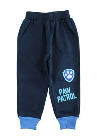Pantalon de survêtement bleu marine avec taille et poignets élastiques, doté de poches latérales et d'un logo patte bleue accompagné du texte « PAW PATROL ».