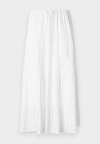 Jupe maxi blanche à plusieurs niveaux, réalisée en tissu léger. Elle possède une taille elastique avec cordon de serrage et des détails de couture horizontale subtils.