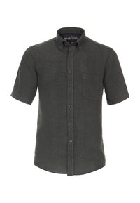 Košile s krátkým rukávem z tmavě zeleného lnu, s límečkem na knoflíky, přední kapsou a jemnou texturou. Má kontrastní knoflíky.