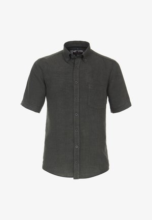 Košile s krátkým rukávem z tmavě zeleného lnu, s límečkem na knoflíky, přední kapsou a jemnou texturou. Má kontrastní knoflíky.