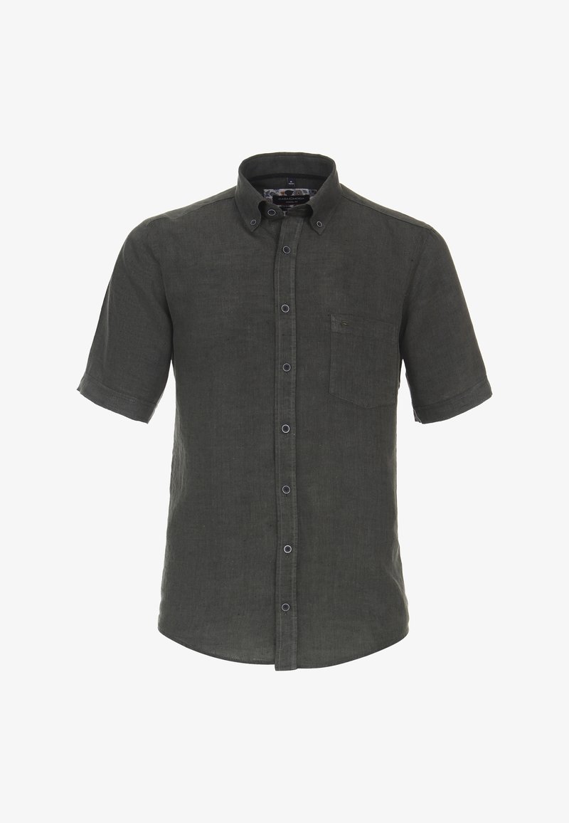 Košile s krátkým rukávem z tmavě zeleného lnu, s límečkem na knoflíky, přední kapsou a jemnou texturou. Má kontrastní knoflíky.
