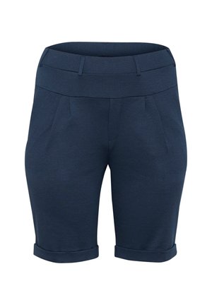Marineblaue Shorts aus strukturiertem Stoff, mit einem breiten Bund, vorderen Falten und gerollten Säumen für einen maßgeschneiderten Look.